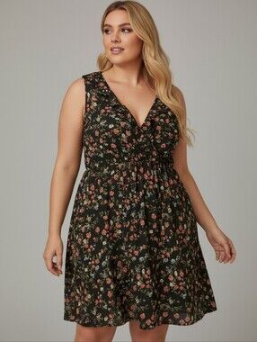 Black Floral Ruffle Front Sleeveless Dress